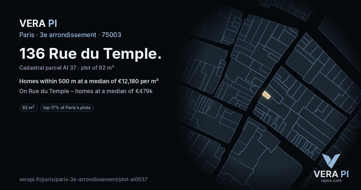 136 Rue du Temple, 3e arrondissement at night – the plot lit, the parcels around coloured by the prices near them