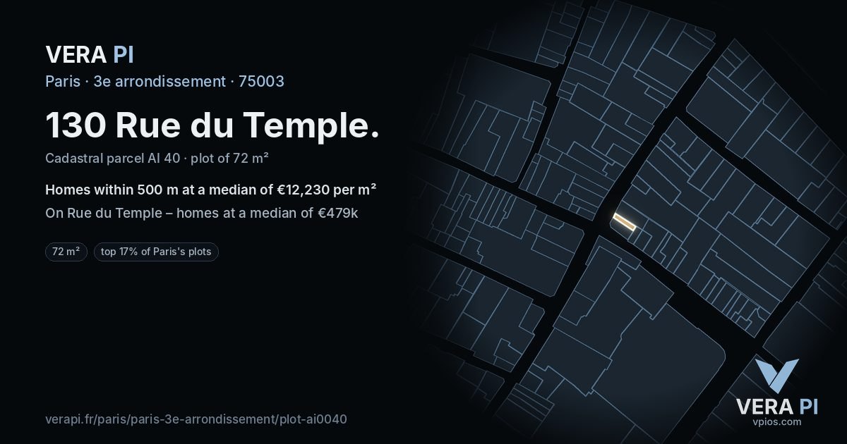 130 Rue du Temple, 3e arrondissement at night – the plot lit, the parcels around coloured by the prices near them