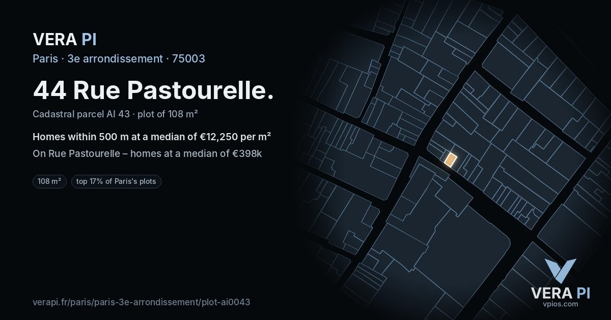 44 Rue Pastourelle, 3e arrondissement at night – the plot lit, the parcels around coloured by the prices near them
