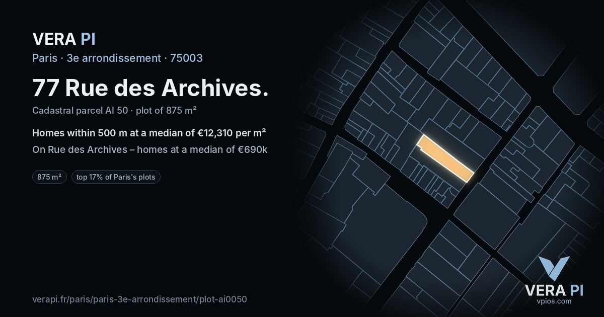 77 Rue des Archives, 3e arrondissement at night – the plot lit, the parcels around coloured by the prices near them