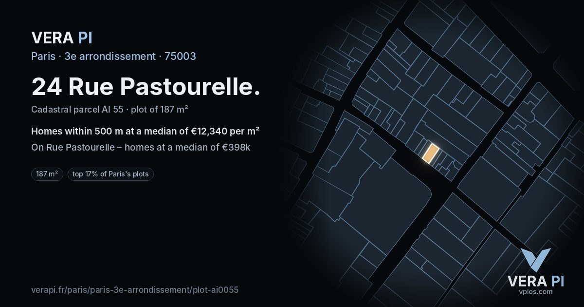 24 Rue Pastourelle, 3e arrondissement at night – the plot lit, the parcels around coloured by the prices near them
