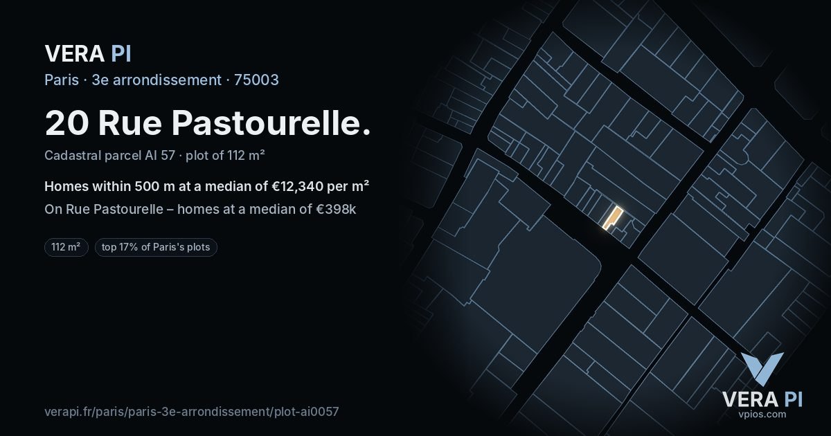 20 Rue Pastourelle, 3e arrondissement at night – the plot lit, the parcels around coloured by the prices near them