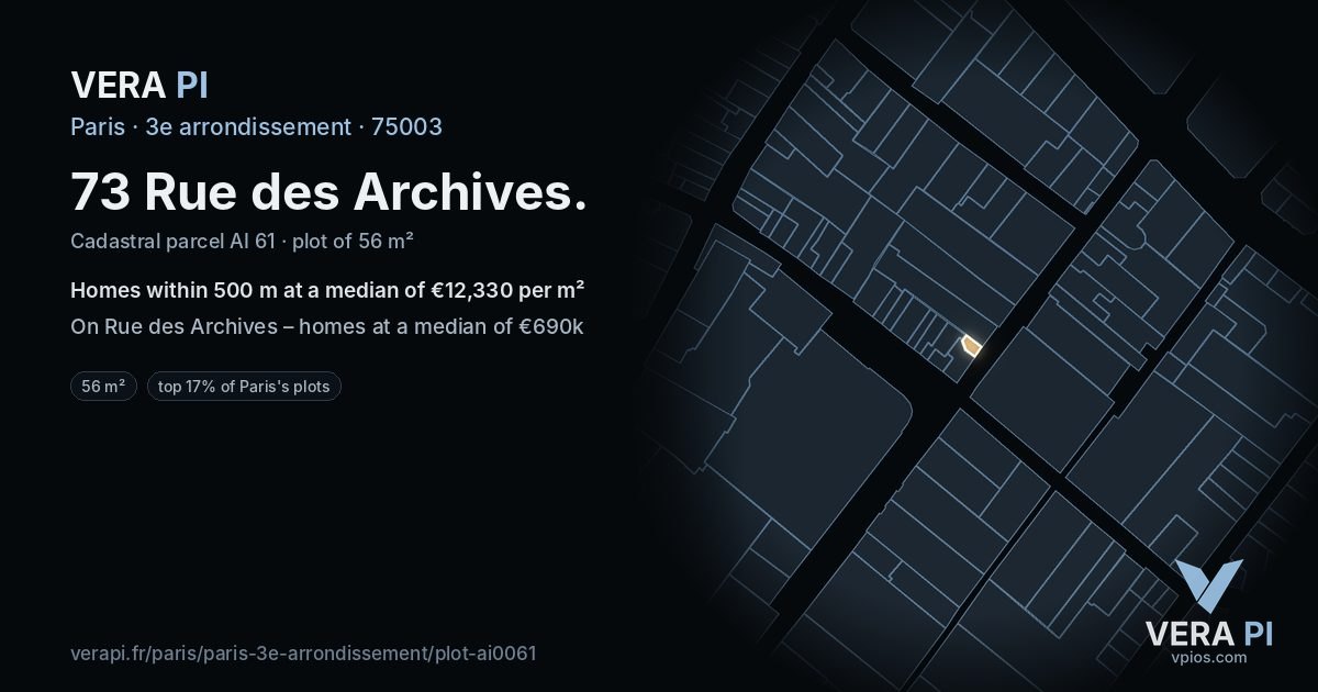 73 Rue des Archives, 3e arrondissement at night – the plot lit, the parcels around coloured by the prices near them