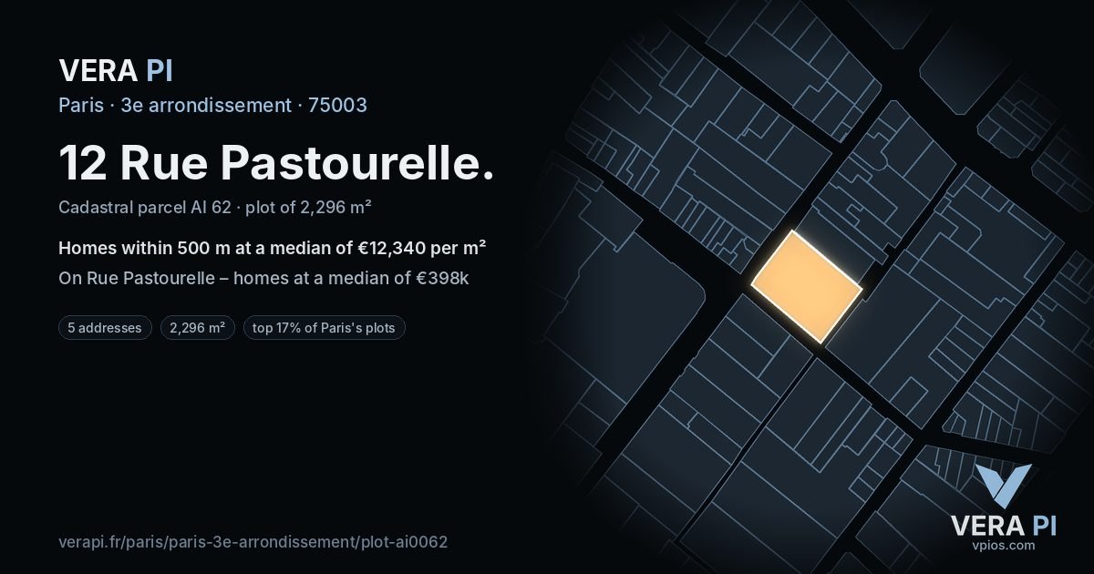 12 Rue Pastourelle, 3e arrondissement at night – the plot lit, the parcels around coloured by the prices near them