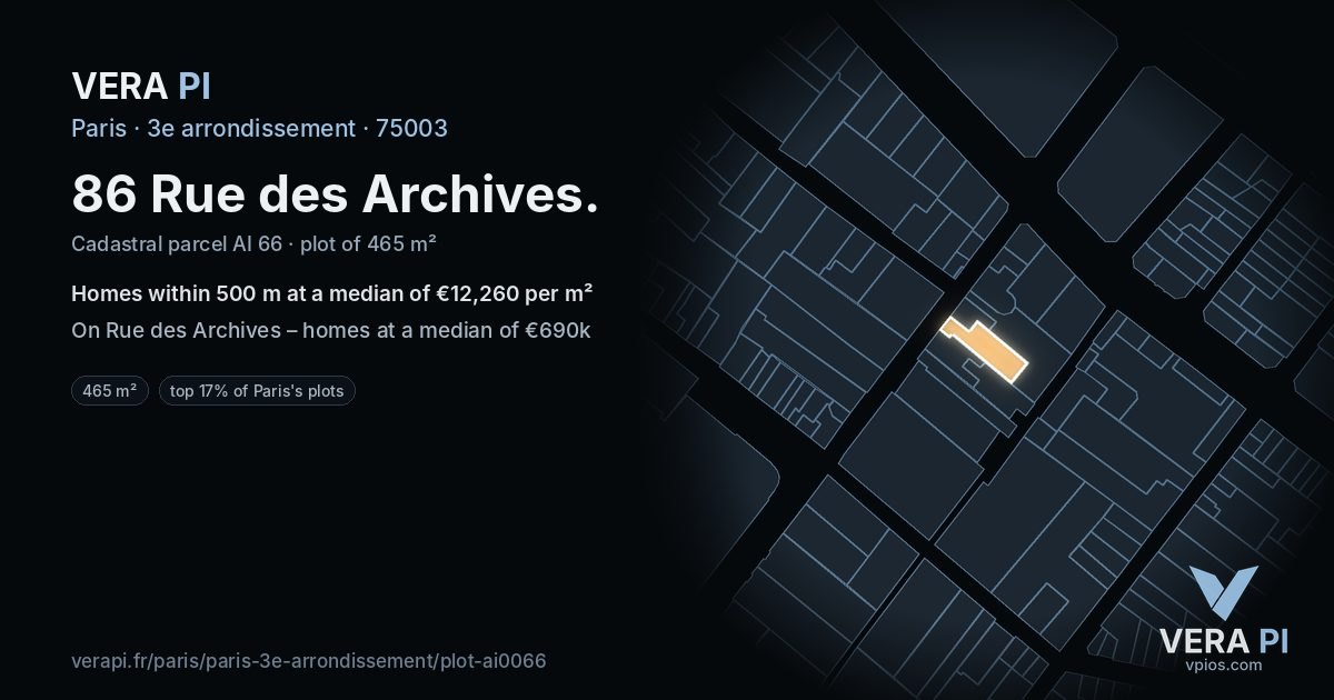 86 Rue des Archives, 3e arrondissement at night – the plot lit, the parcels around coloured by the prices near them