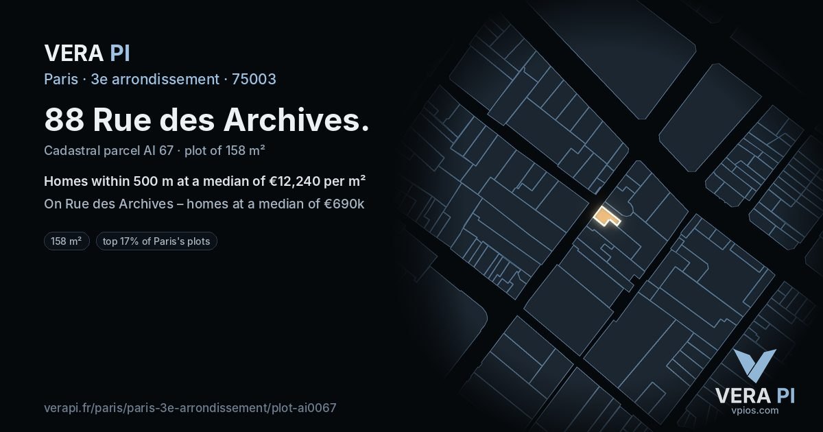 88 Rue des Archives, 3e arrondissement at night – the plot lit, the parcels around coloured by the prices near them
