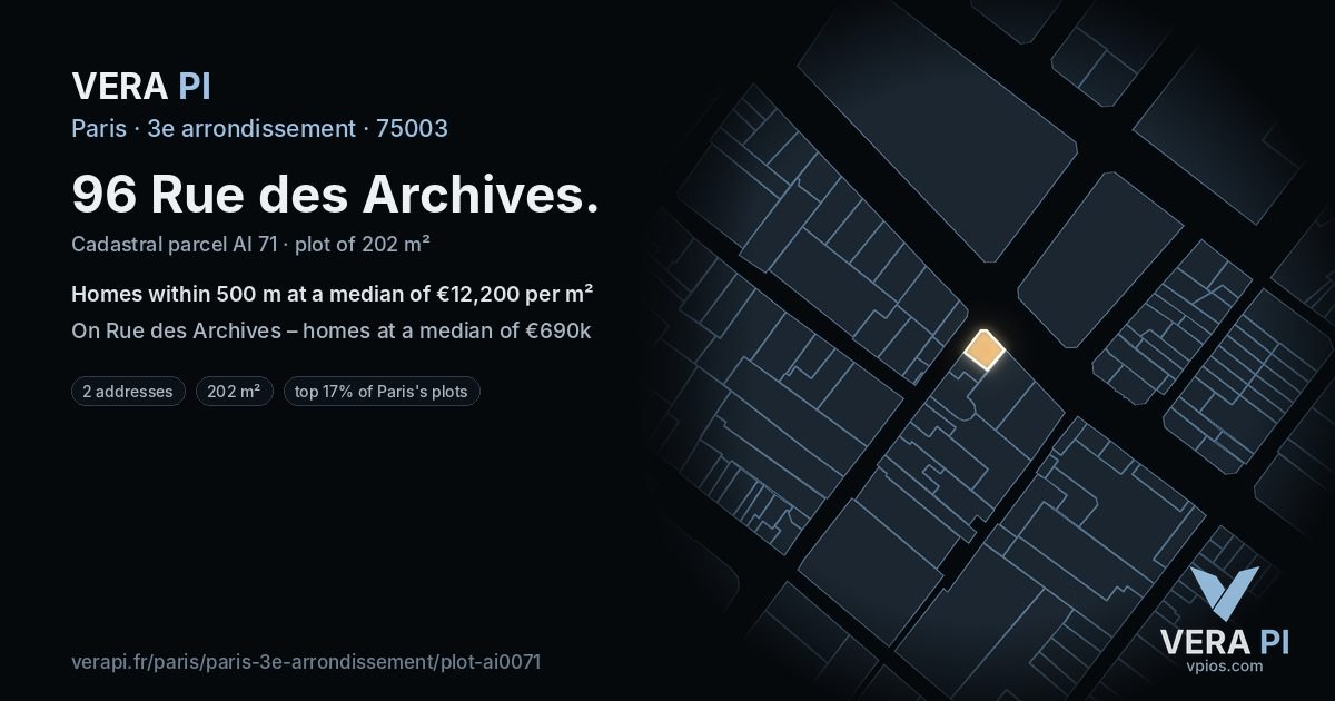96 Rue des Archives, 3e arrondissement at night – the plot lit, the parcels around coloured by the prices near them