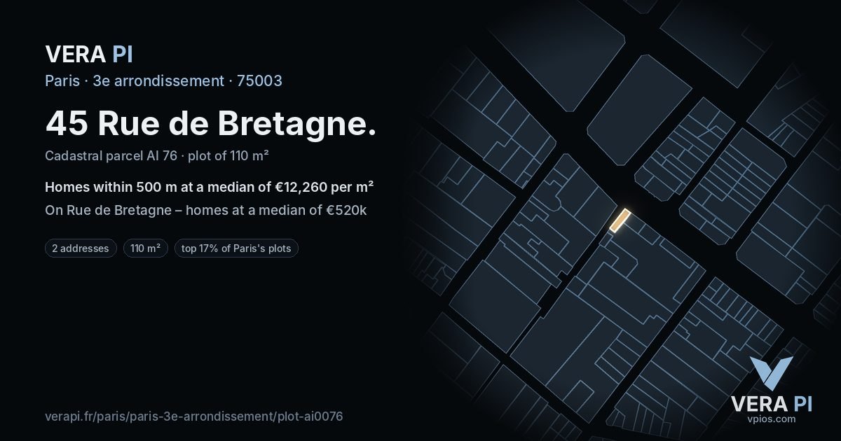 45 Rue de Bretagne, 3e arrondissement at night – the plot lit, the parcels around coloured by the prices near them