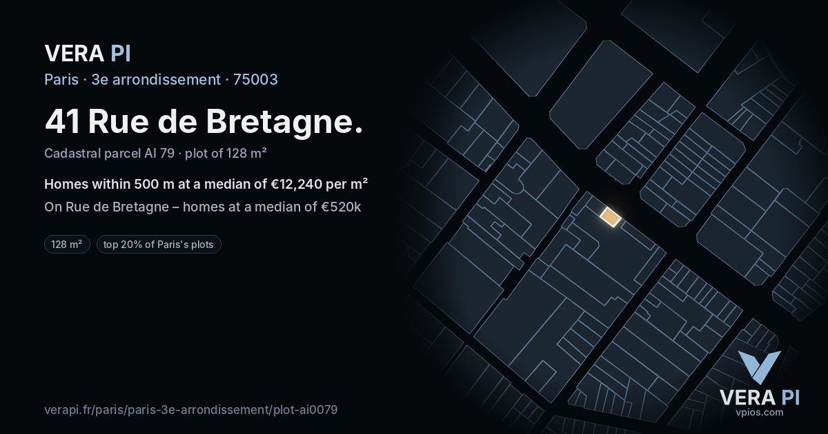 41 Rue de Bretagne, 3e arrondissement at night – the plot lit, the parcels around coloured by the prices near them