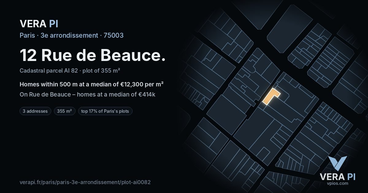 12 Rue de Beauce, 3e arrondissement at night – the plot lit, the parcels around coloured by the prices near them