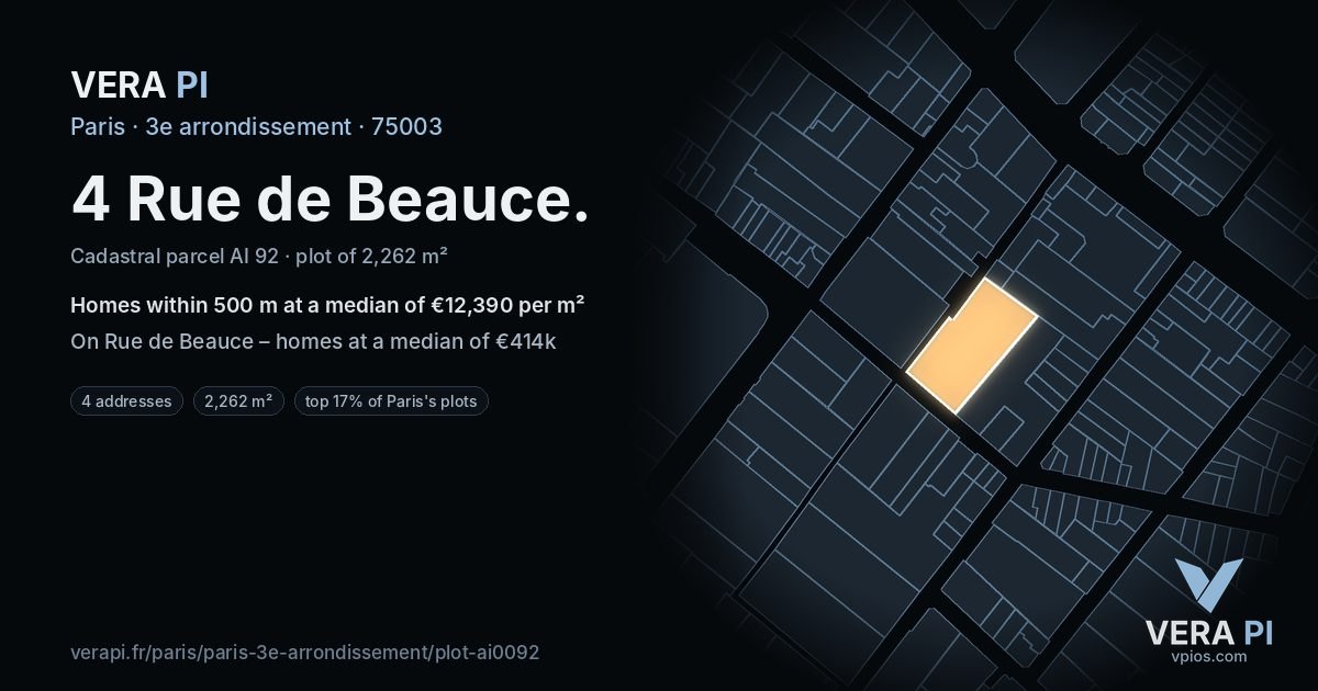 4 Rue de Beauce, 3e arrondissement at night – the plot lit, the parcels around coloured by the prices near them