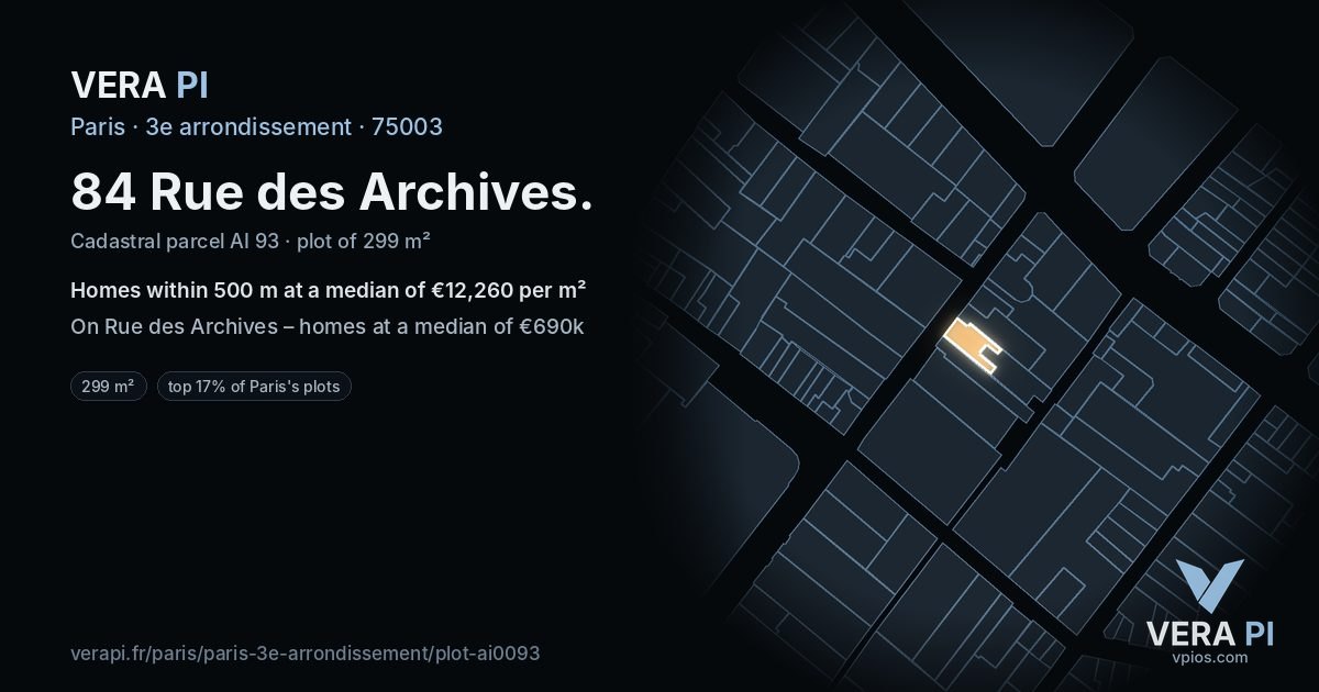 84 Rue des Archives, 3e arrondissement at night – the plot lit, the parcels around coloured by the prices near them