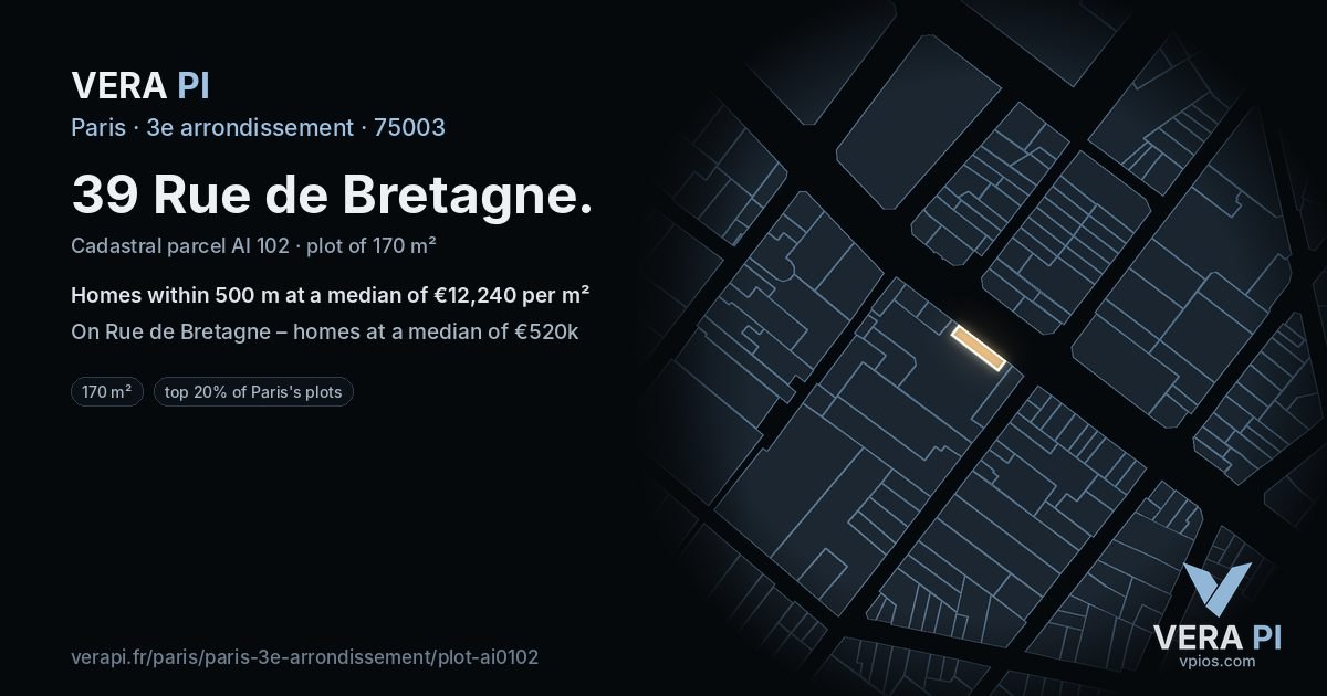 39 Rue de Bretagne, 3e arrondissement at night – the plot lit, the parcels around coloured by the prices near them
