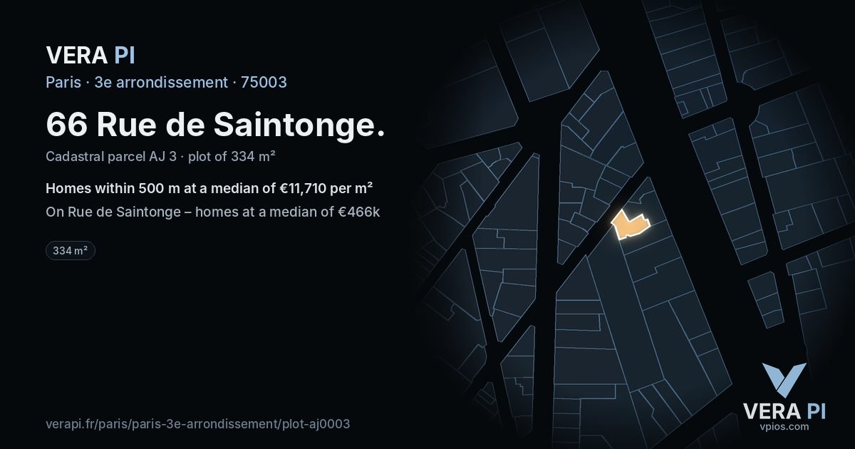 66 Rue de Saintonge, 3e arrondissement at night – the plot lit, the parcels around coloured by the prices near them