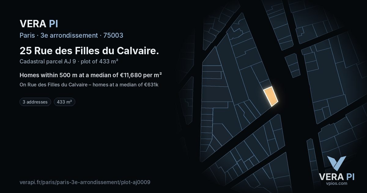25 Rue des Filles du Calvaire, 3e arrondissement at night – the plot lit, the parcels around coloured by the prices near them