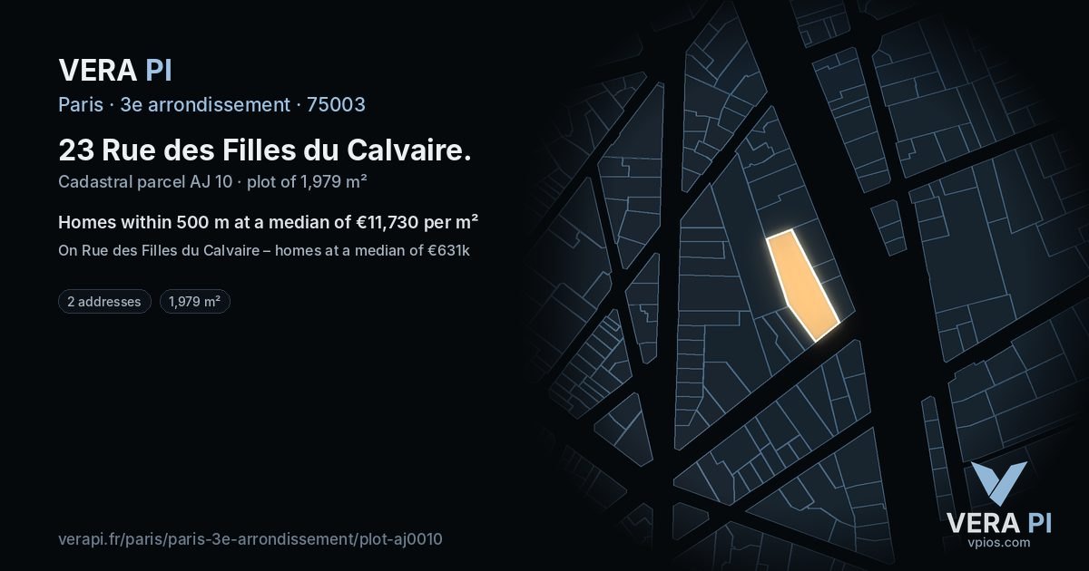 23 Rue des Filles du Calvaire, 3e arrondissement at night – the plot lit, the parcels around coloured by the prices near them