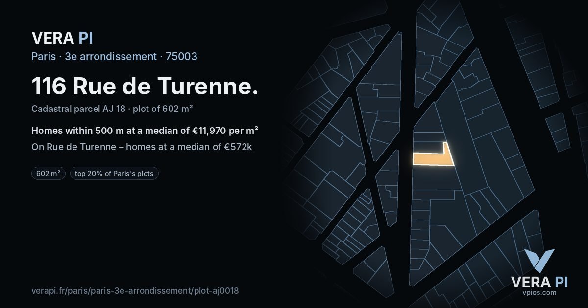 116 Rue de Turenne, 3e arrondissement at night – the plot lit, the parcels around coloured by the prices near them