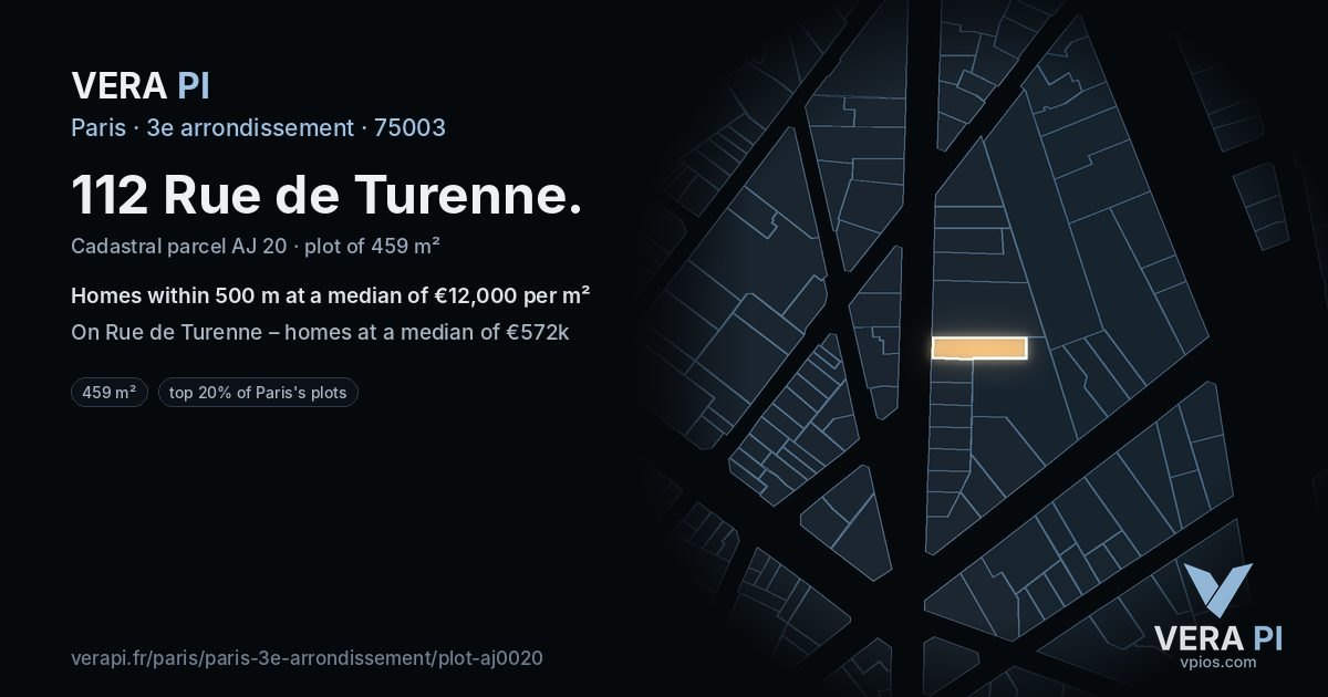 112 Rue de Turenne, 3e arrondissement at night – the plot lit, the parcels around coloured by the prices near them