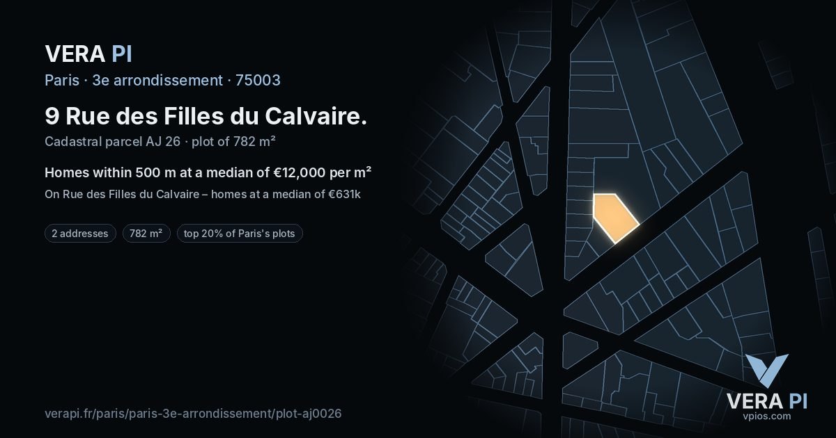 9 Rue des Filles du Calvaire, 3e arrondissement at night – the plot lit, the parcels around coloured by the prices near them