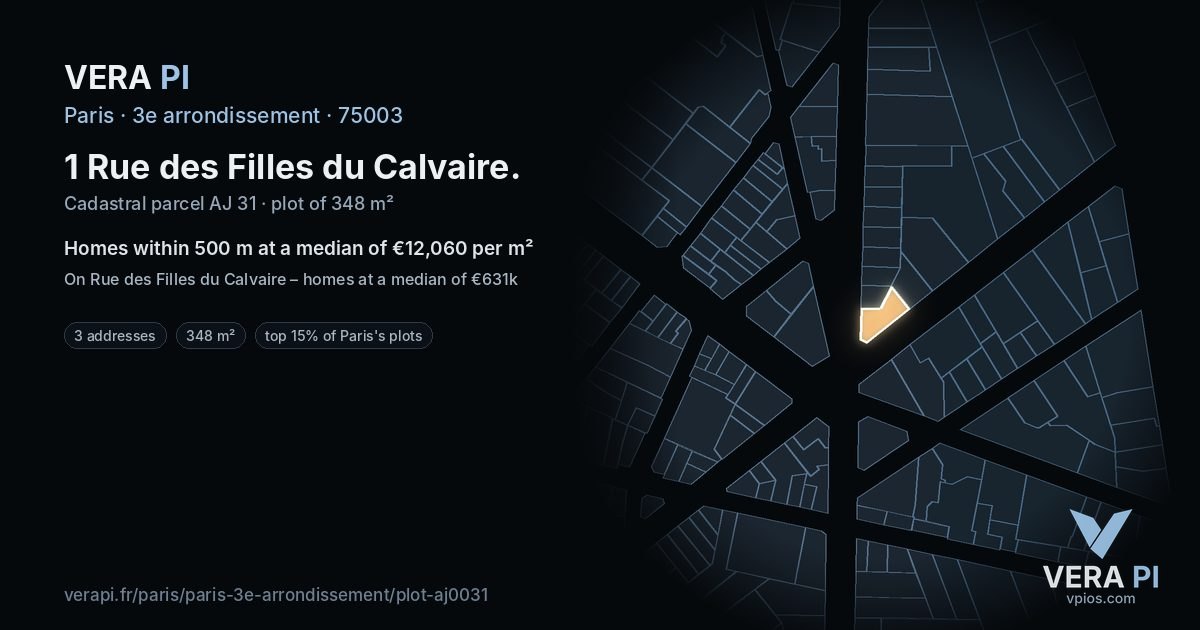 1 Rue des Filles du Calvaire, 3e arrondissement at night – the plot lit, the parcels around coloured by the prices near them