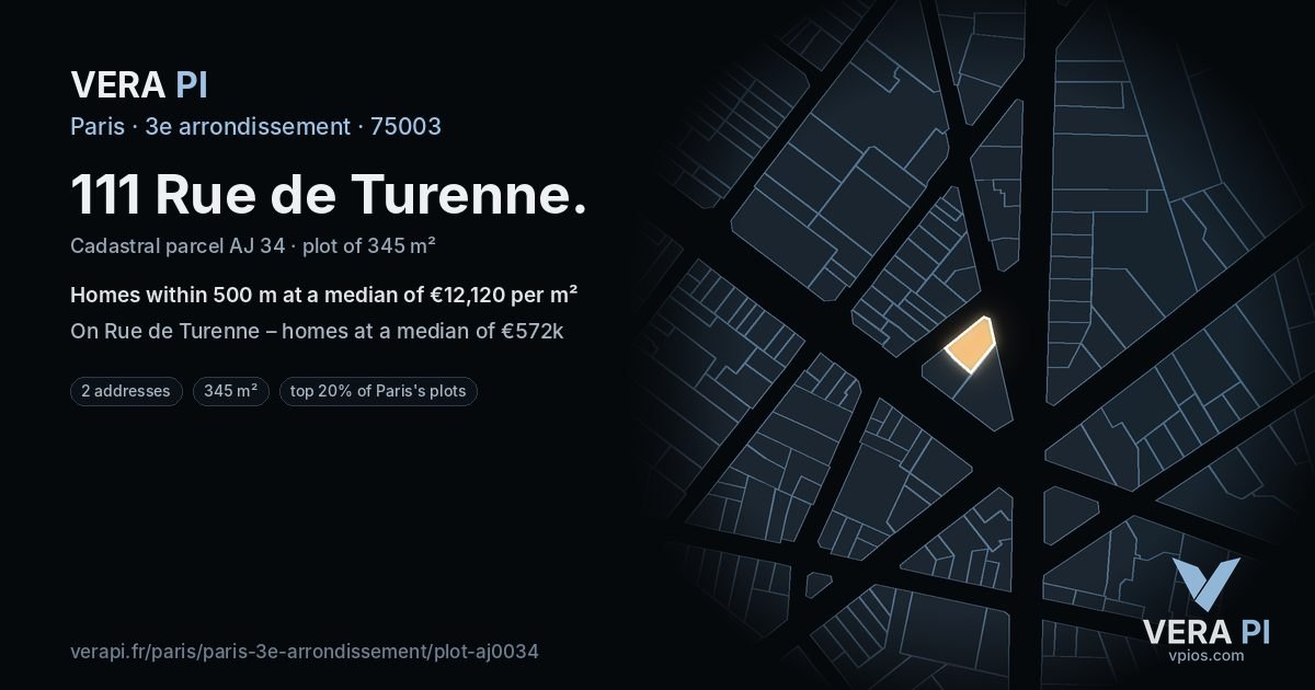 111 Rue de Turenne, 3e arrondissement at night – the plot lit, the parcels around coloured by the prices near them