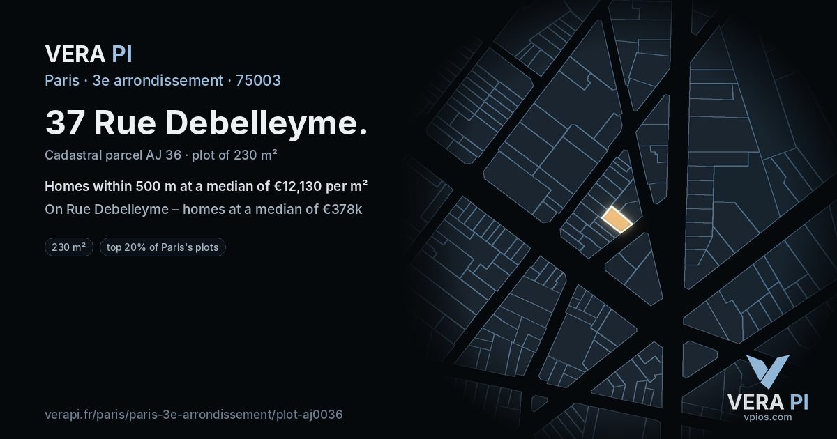 37 Rue Debelleyme, 3e arrondissement at night – the plot lit, the parcels around coloured by the prices near them
