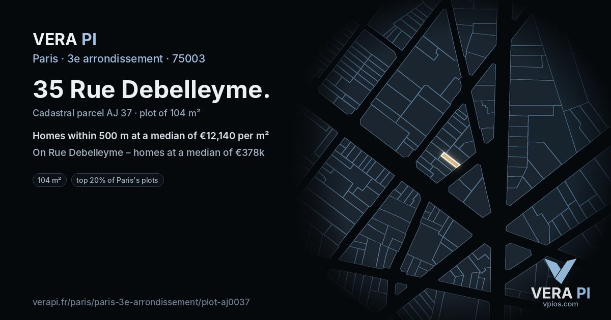 35 Rue Debelleyme, 3e arrondissement at night – the plot lit, the parcels around coloured by the prices near them
