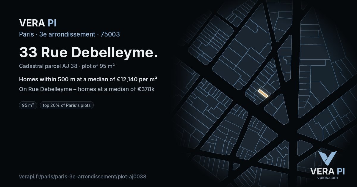 33 Rue Debelleyme, 3e arrondissement at night – the plot lit, the parcels around coloured by the prices near them