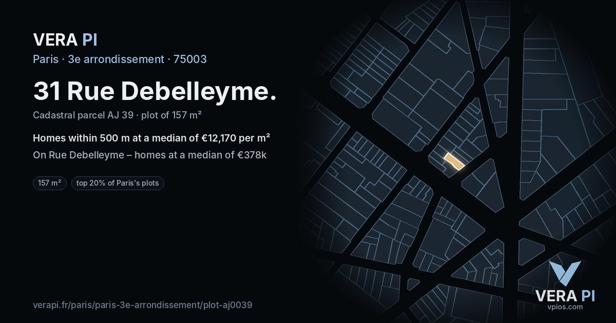 31 Rue Debelleyme, 3e arrondissement at night – the plot lit, the parcels around coloured by the prices near them
