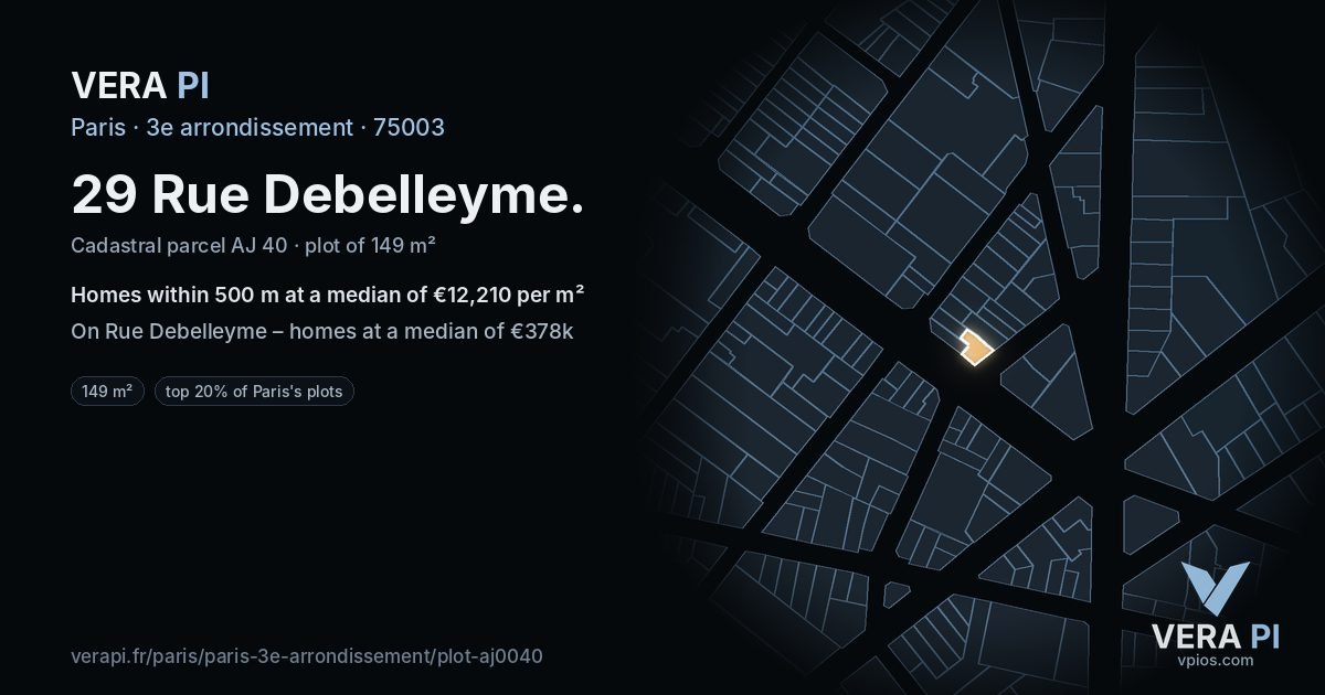 29 Rue Debelleyme, 3e arrondissement at night – the plot lit, the parcels around coloured by the prices near them