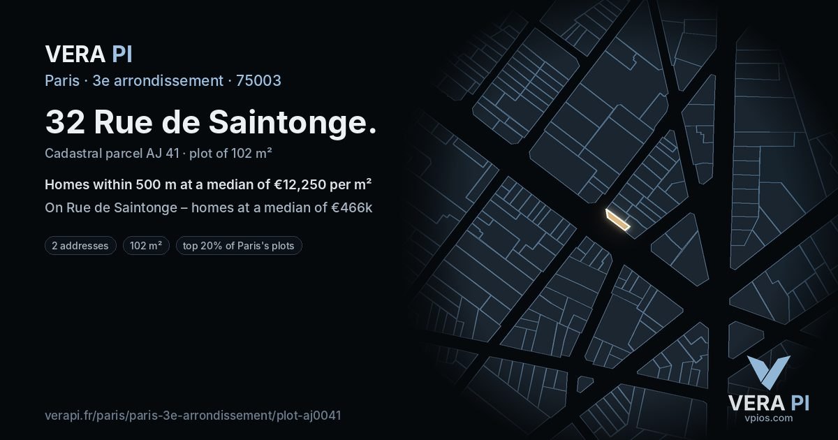 32 Rue de Saintonge, 3e arrondissement at night – the plot lit, the parcels around coloured by the prices near them