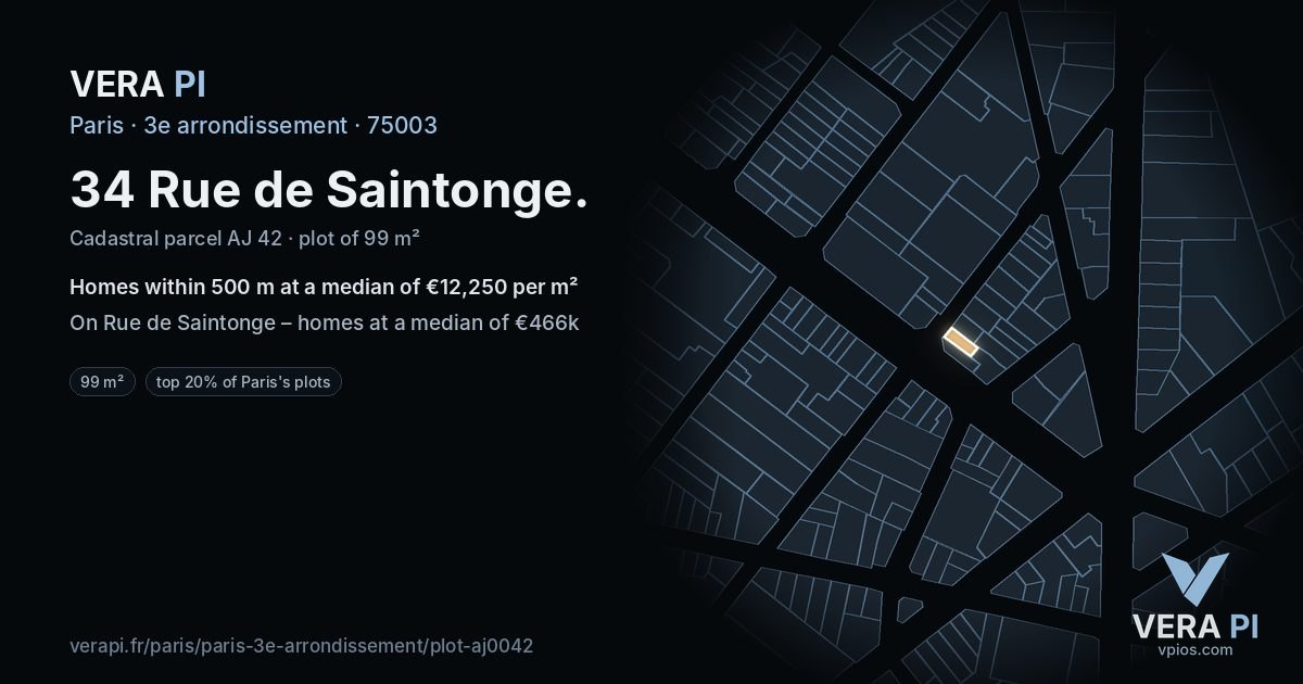 34 Rue de Saintonge, 3e arrondissement at night – the plot lit, the parcels around coloured by the prices near them