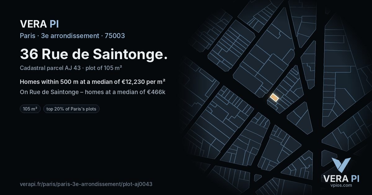 36 Rue de Saintonge, 3e arrondissement at night – the plot lit, the parcels around coloured by the prices near them