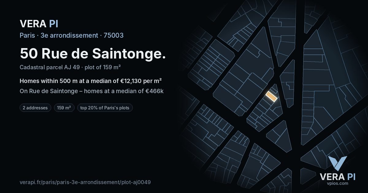 50 Rue de Saintonge, 3e arrondissement at night – the plot lit, the parcels around coloured by the prices near them