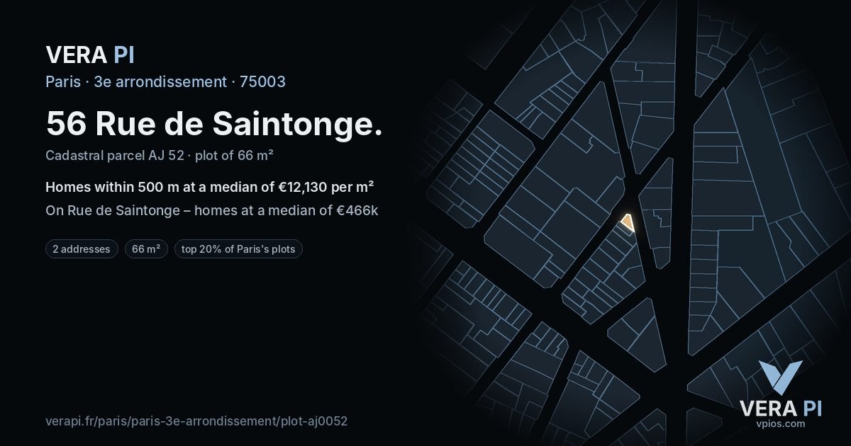 56 Rue de Saintonge, 3e arrondissement at night – the plot lit, the parcels around coloured by the prices near them