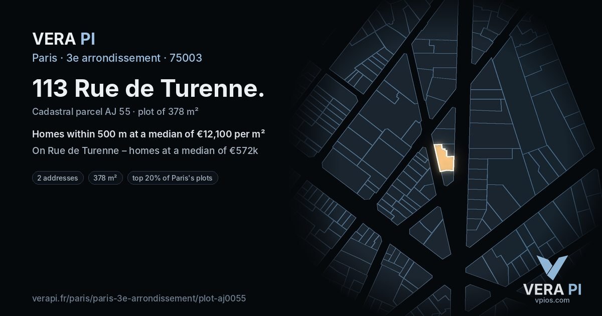 113 Rue de Turenne, 3e arrondissement at night – the plot lit, the parcels around coloured by the prices near them