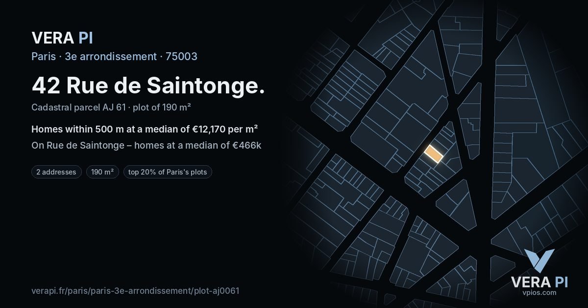 42 Rue de Saintonge, 3e arrondissement at night – the plot lit, the parcels around coloured by the prices near them