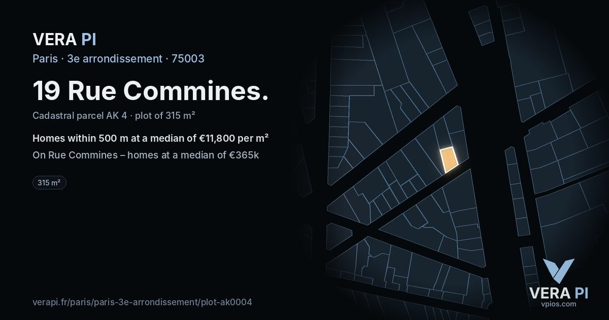 19 Rue Commines, 3e arrondissement at night – the plot lit, the parcels around coloured by the prices near them