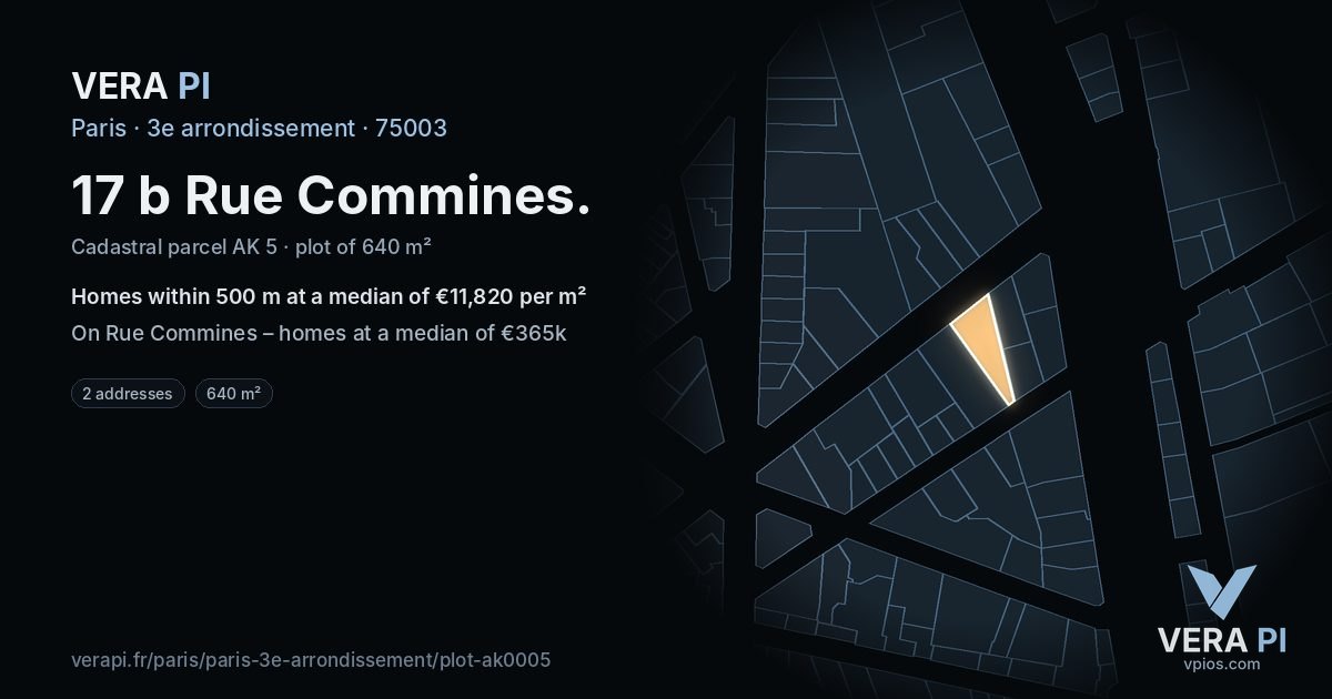 17 b Rue Commines, 3e arrondissement at night – the plot lit, the parcels around coloured by the prices near them