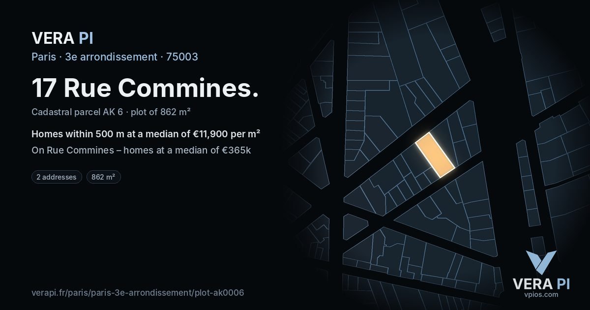 17 Rue Commines, 3e arrondissement at night – the plot lit, the parcels around coloured by the prices near them