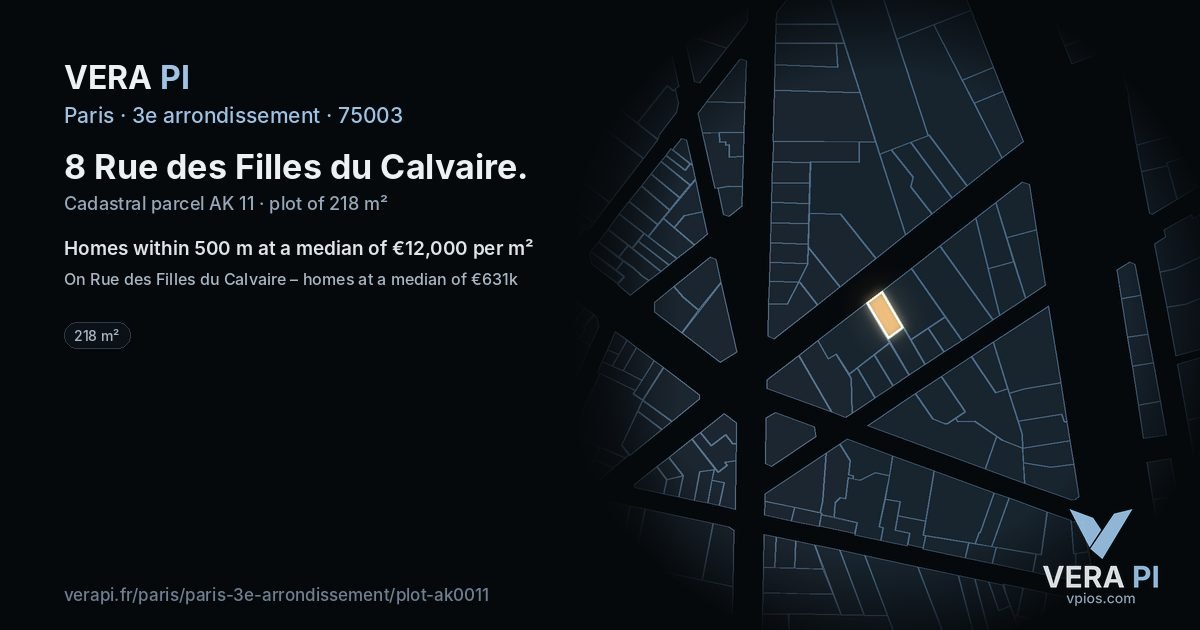 8 Rue des Filles du Calvaire, 3e arrondissement at night – the plot lit, the parcels around coloured by the prices near them