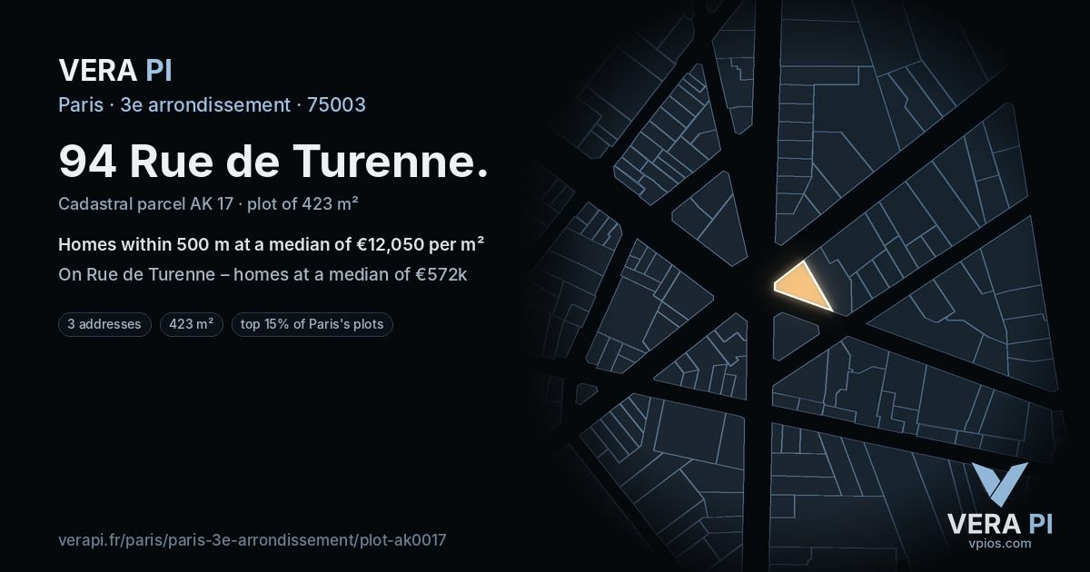 94 Rue de Turenne, 3e arrondissement at night – the plot lit, the parcels around coloured by the prices near them