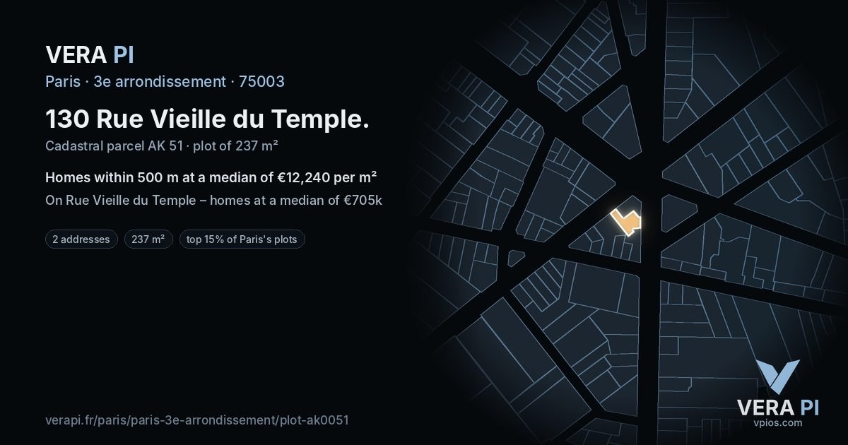 130 Rue Vieille du Temple, 3e arrondissement at night – the plot lit, the parcels around coloured by the prices near them