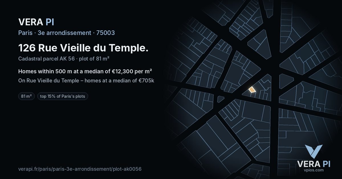 126 Rue Vieille du Temple, 3e arrondissement at night – the plot lit, the parcels around coloured by the prices near them