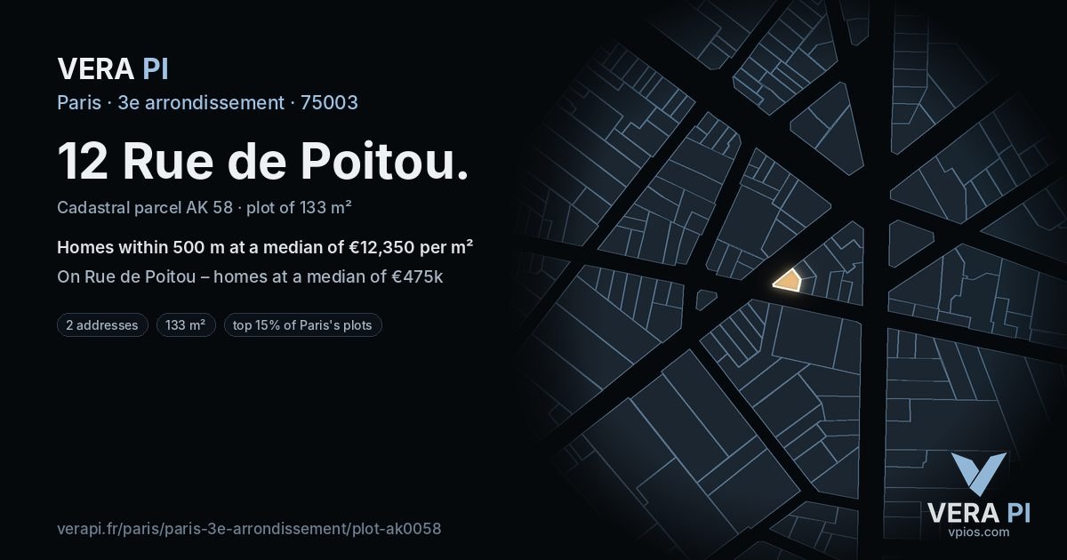 12 Rue de Poitou, 3e arrondissement at night – the plot lit, the parcels around coloured by the prices near them