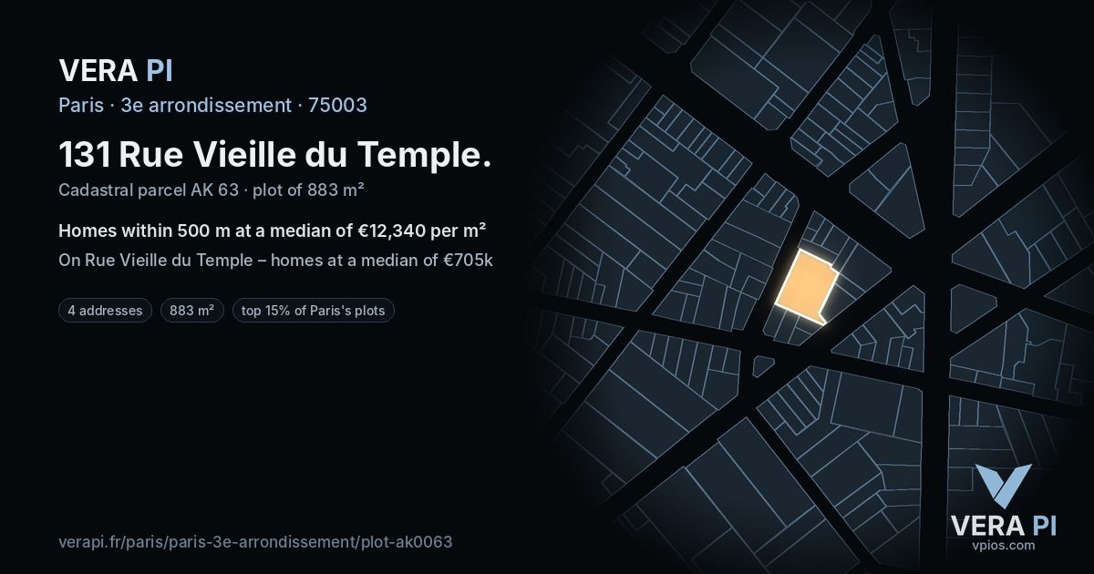 131 Rue Vieille du Temple, 3e arrondissement at night – the plot lit, the parcels around coloured by the prices near them