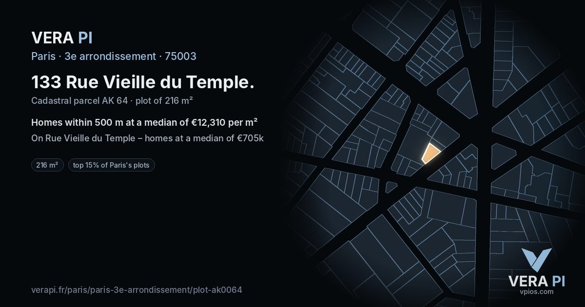 133 Rue Vieille du Temple, 3e arrondissement at night – the plot lit, the parcels around coloured by the prices near them