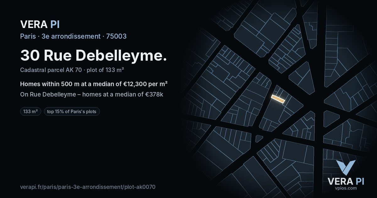 30 Rue Debelleyme, 3e arrondissement at night – the plot lit, the parcels around coloured by the prices near them