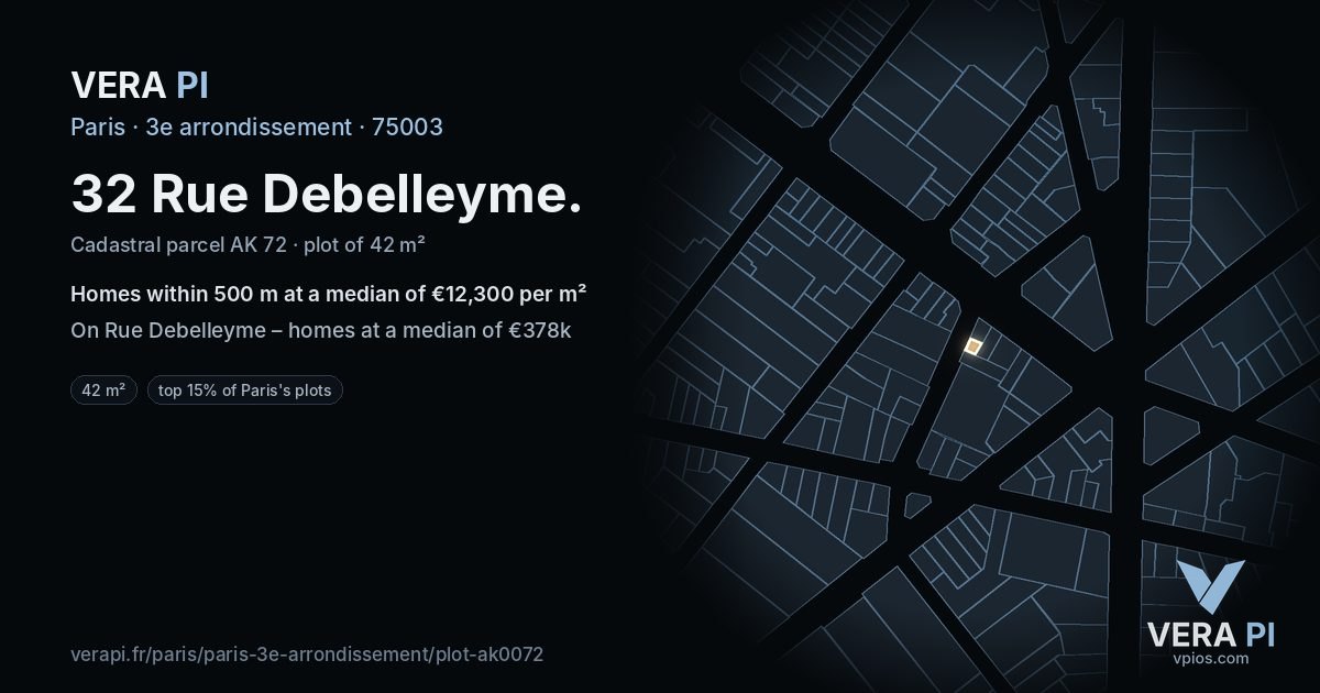 32 Rue Debelleyme, 3e arrondissement at night – the plot lit, the parcels around coloured by the prices near them