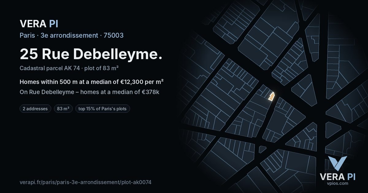 25 Rue Debelleyme, 3e arrondissement at night – the plot lit, the parcels around coloured by the prices near them